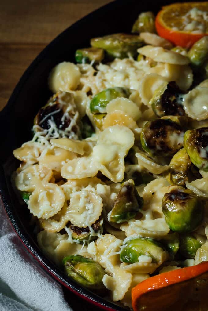 Cheesy Citrusy Brussels Sprouts Pasta is my new favorite pasta recipe. This is a creamy and comforting pasta with caramelized brussels sprouts flavored with orange. Kids will ask for more!