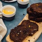 This is an orange flavored chocolate bread with shredded fresh pumpkin, pumpkin seeds and chocolate chips. A one-bowl bread that is a real winner for holidays!