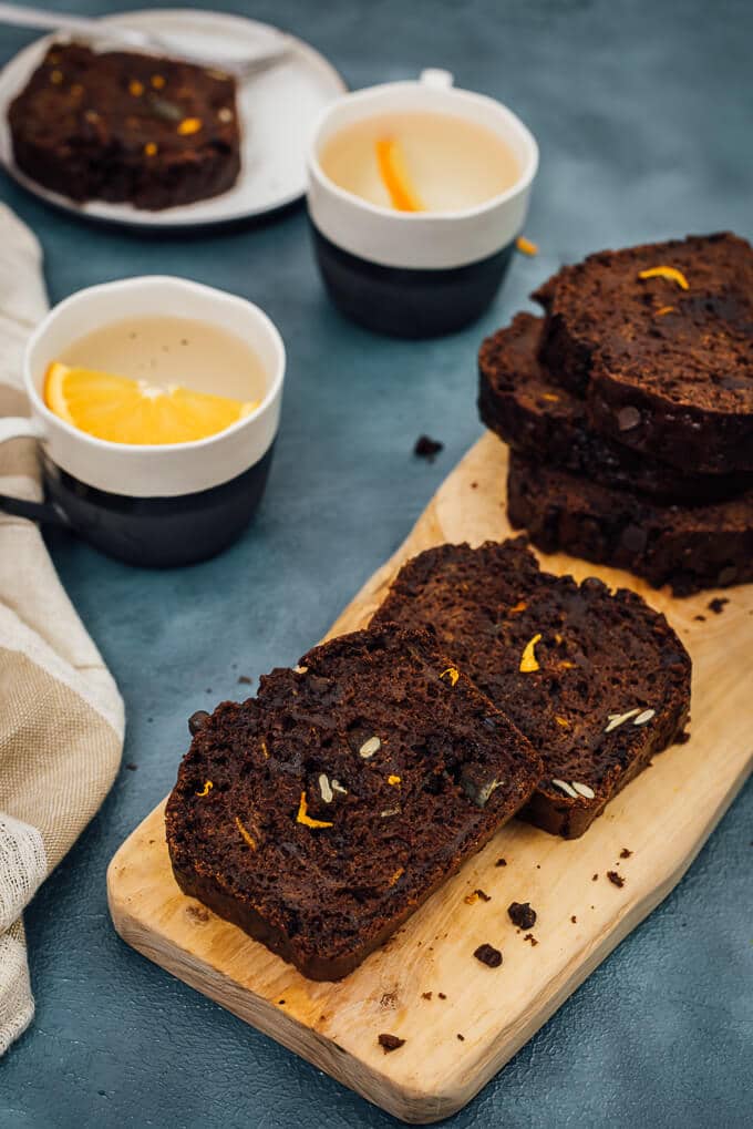 This is an orange flavored chocolate bread with shredded fresh pumpkin, pumpkin seeds and chocolate chips. A one-bowl bread that is a real winner for holidays!
