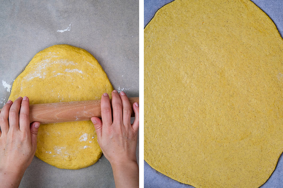 A collage of two pictures showing how to roll the cinnamon dough out.