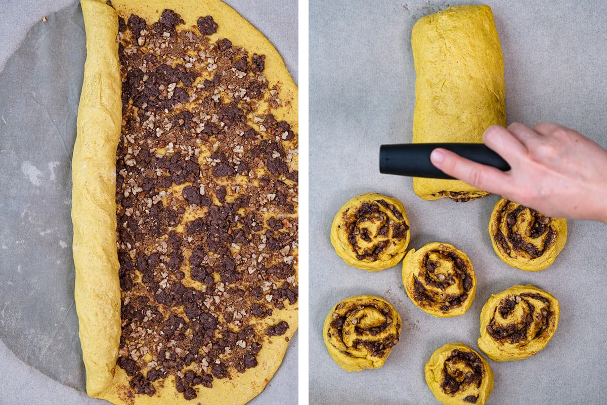 A collage of two pictures showing how to roll the filled cinnamon dough and how to slice it.