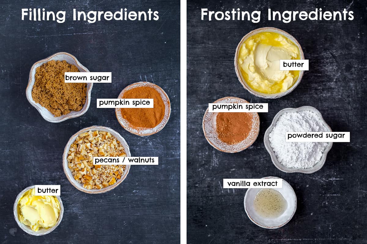A collage of two pictures showing the pumpkin cinnamon roll filling ingredients and the frosting ingredients.