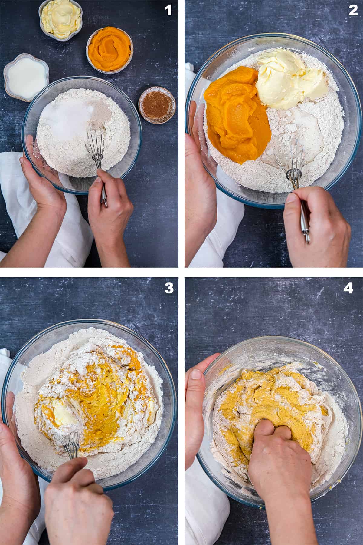 Pictures showing hands combining ingredients in a glass mixing bowl and a hand whisk.