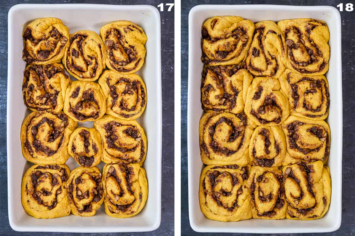 Two pictures showing sliced cinnamon rolls in a baking pan before and after second rise.