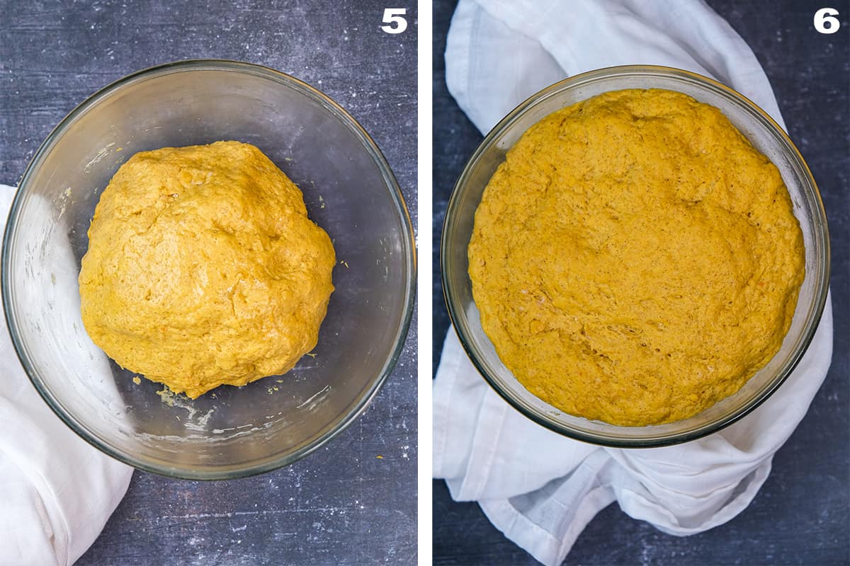 Two pictures showing the dough in a glass mixing bowl before and after first rise.