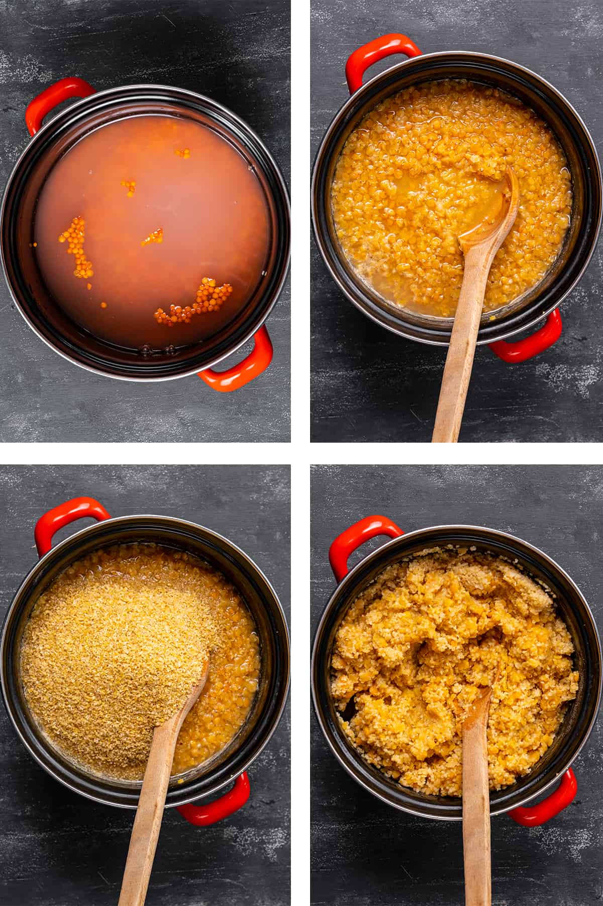 A collage of four pictures showing the steps of cooking red lentils and bulgur in a pot.