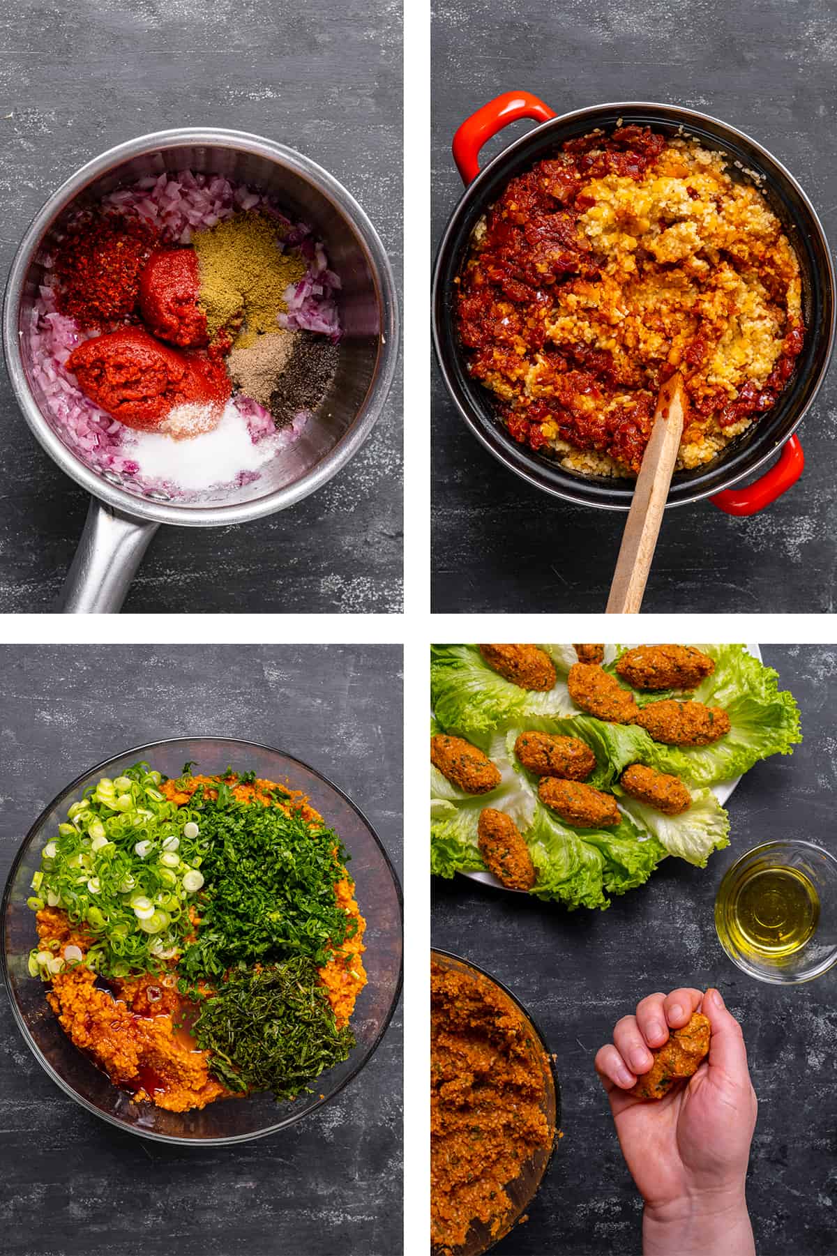 A collage of four pictures showing the steps of making mercimek koftesi.