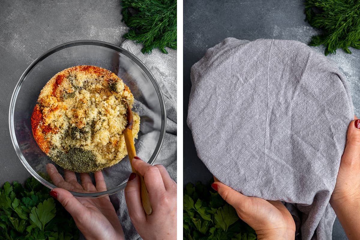 A collage of two pictures showing how to soak fine bulgur wheat.