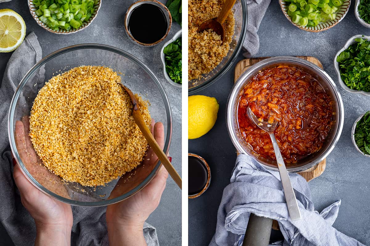 A collage of two pictures showing soaked bulgur in a bowl and cooked onion tomato paste sauce in a saucepan.