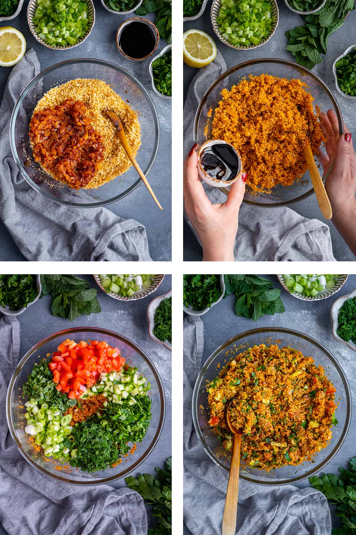 A collage of four images showing the steps of making bulgur salad.