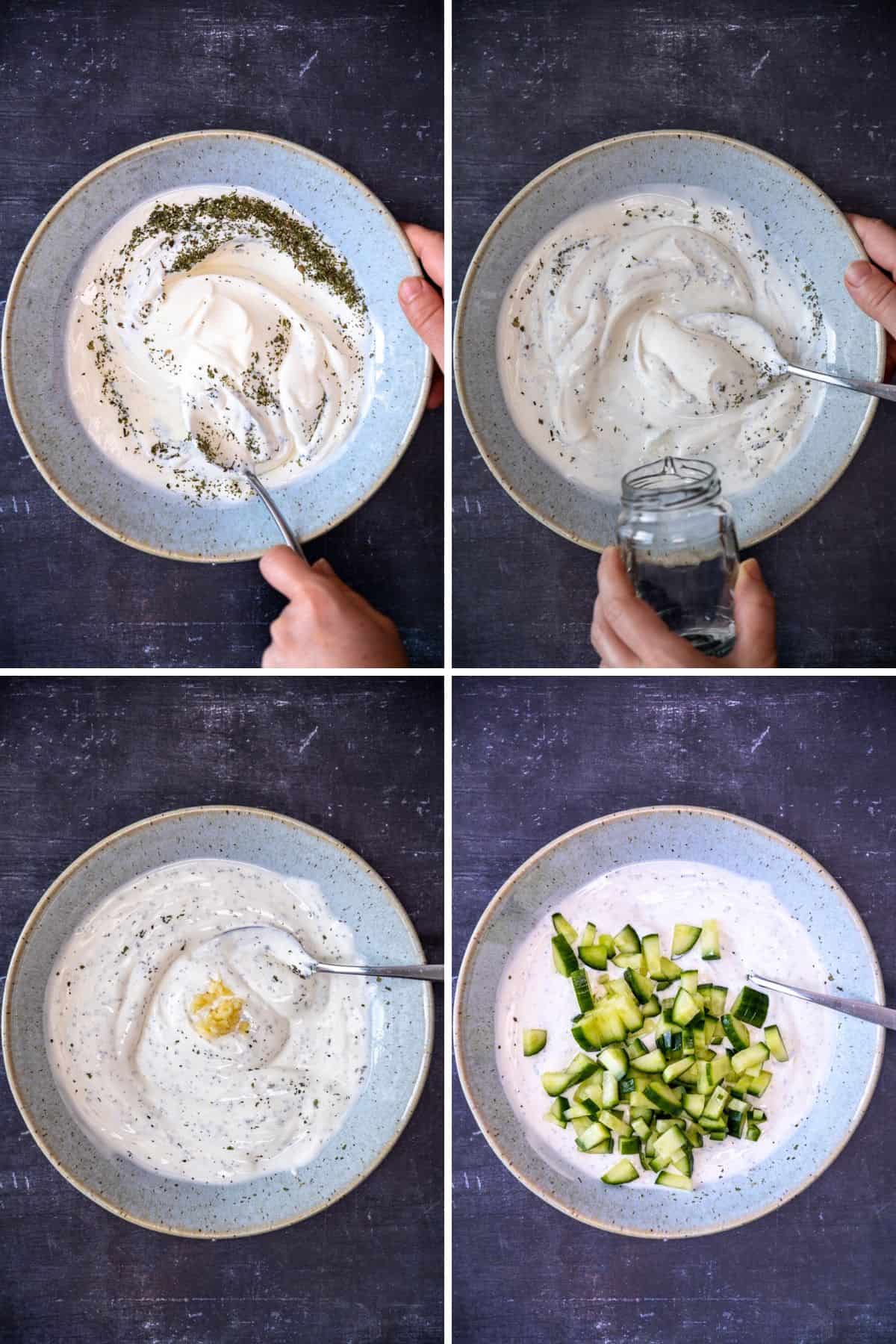 Step-by-step photos showing how to make cacık by mixing yogurt with dried mint, adding water and garlic, then stirring in diced cucumber.