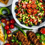 Chopped Turkish Salad aka shepherd's salad is packed with fresh summer flavors and Middle East spices. It is ready in 5 minutes and disappears that fast on a kebab platter.