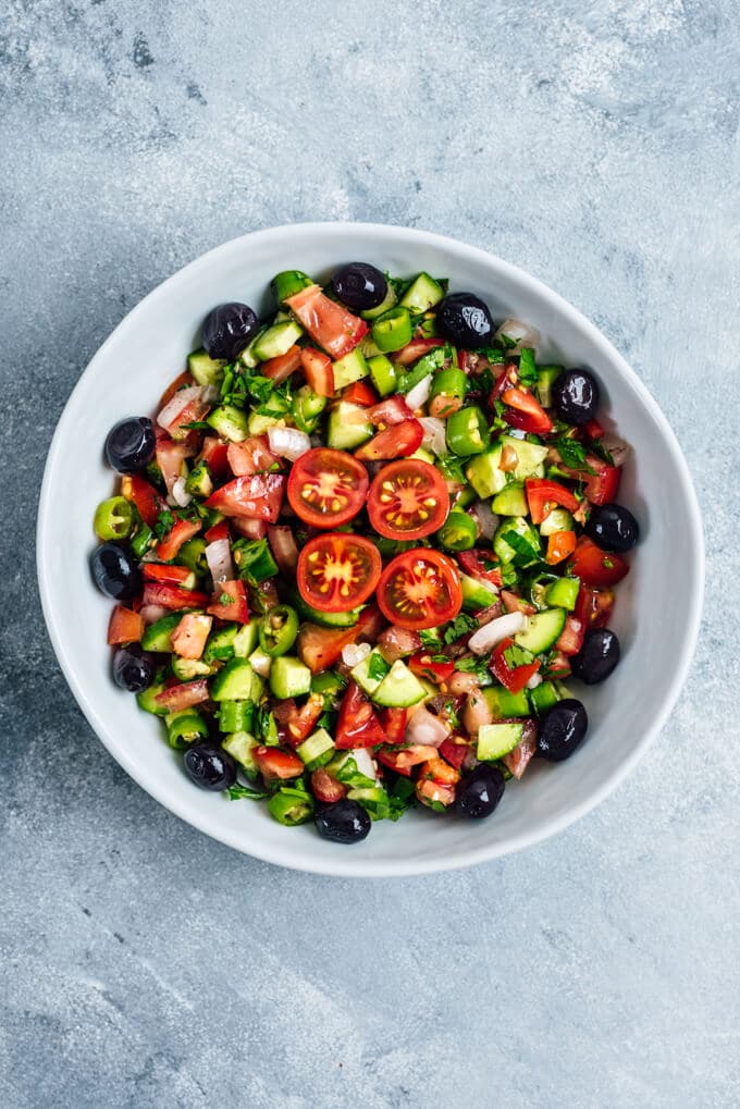 Turkish shepherd salad recipe with summer tomatoes, cucumbers and onions.