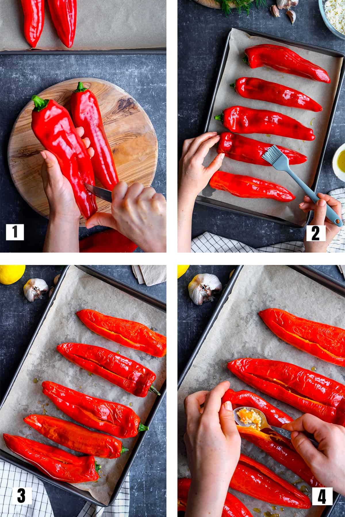 A collage of four pictures showing how to prepare peppers for stuffing.
