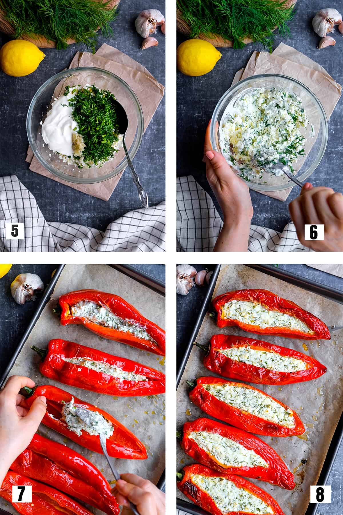 A collage of four pictures showing the feta cheese filling preparation and how to stuff the peppers with this filling.