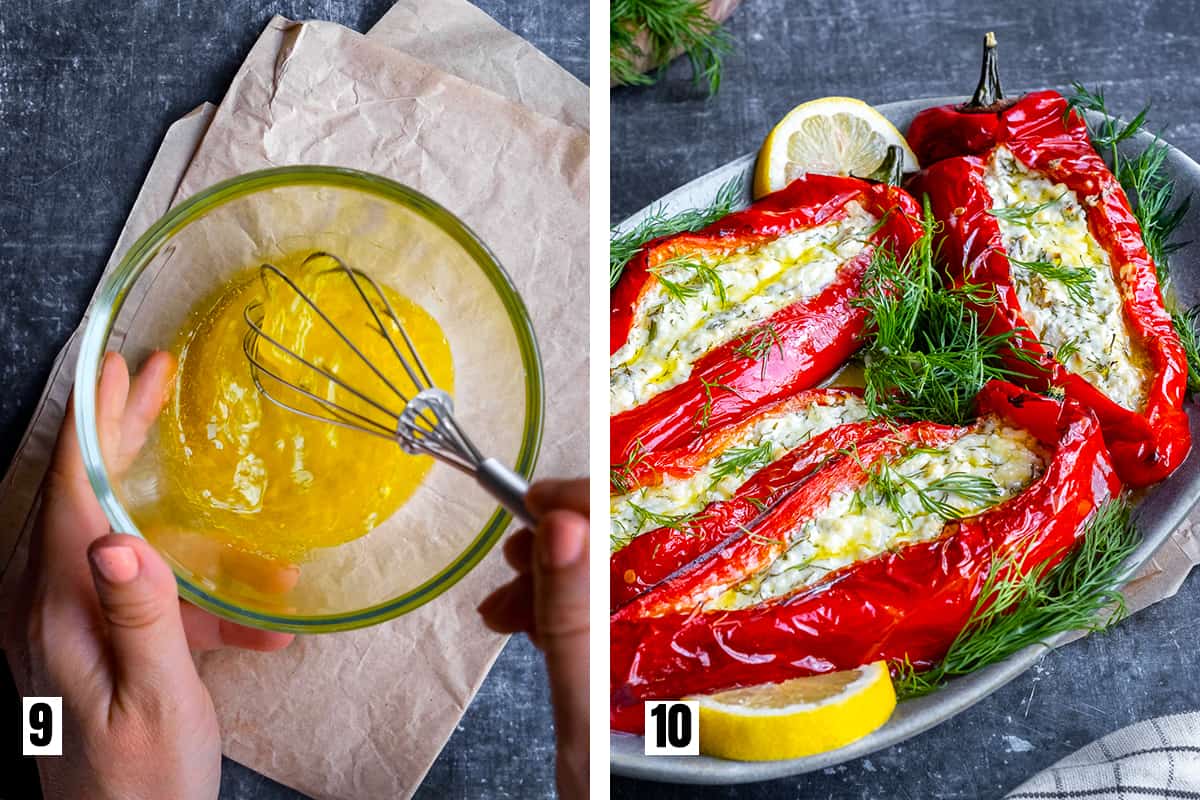 A collage of two pictures showing a lemon and oil dressing being prepared and feta stuffed peppers drizzled with this dressing.