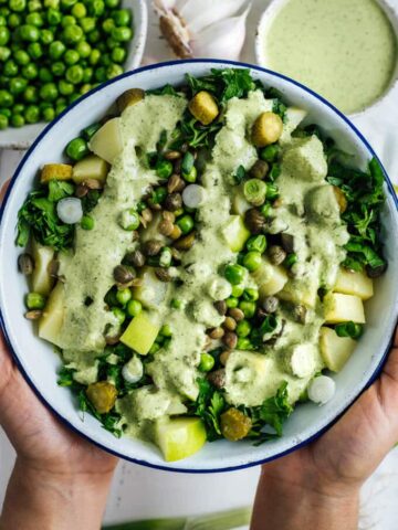 Vegan Potato Salad with green lentils and a refreshing creamy tahini dressing is packed with flavors and nutrients. It takes your dinner parties or pot lucks to the next level.