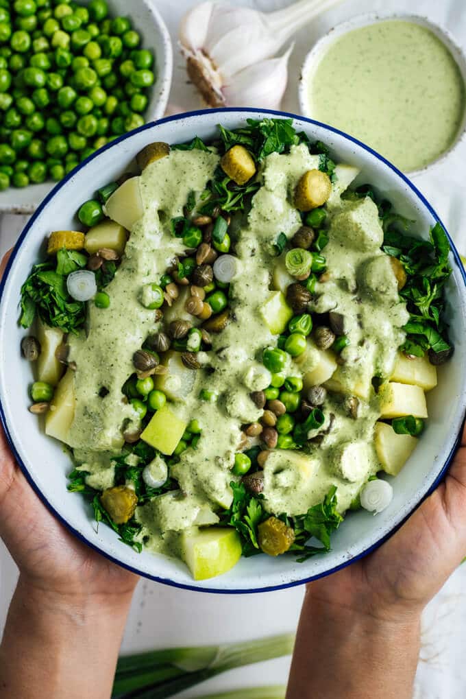 Vegan Potato Salad with green lentils and a refreshing creamy tahini dressing is packed with flavors and nutrients. It takes your dinner parties or pot lucks to the next level.