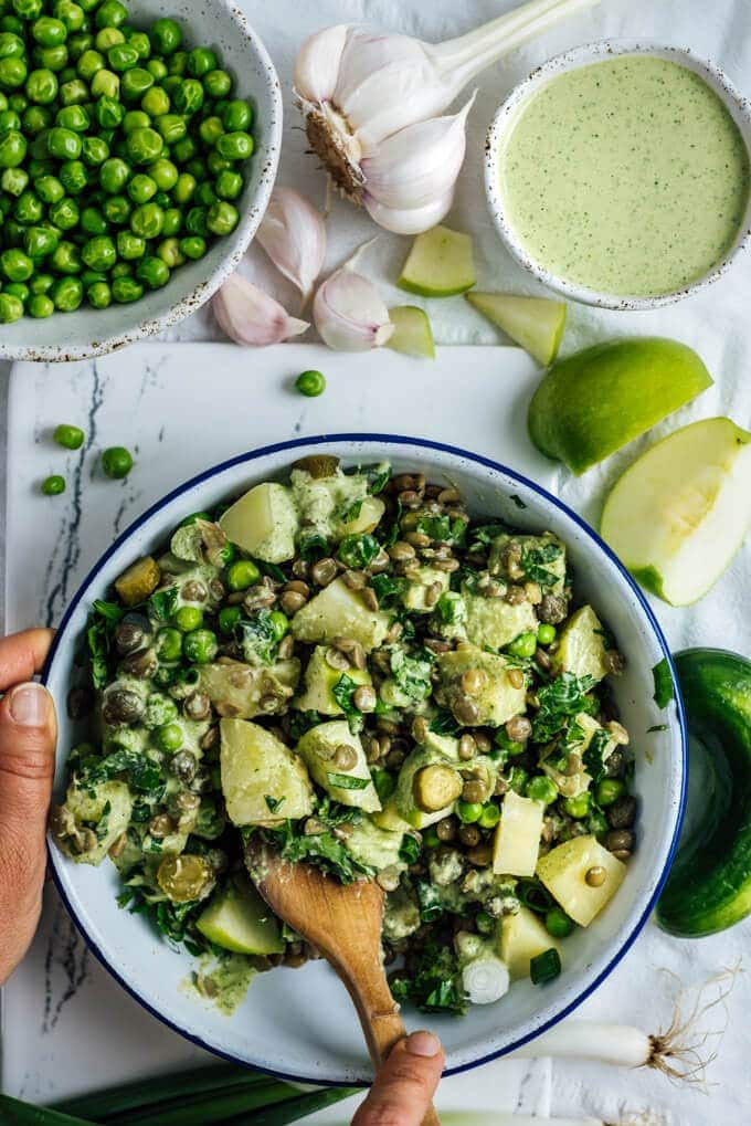 Vegan Potato Salad with green lentils and a refreshing creamy tahini dressing is packed with flavors and nutrients. It takes your dinner parties or pot lucks to the next level.