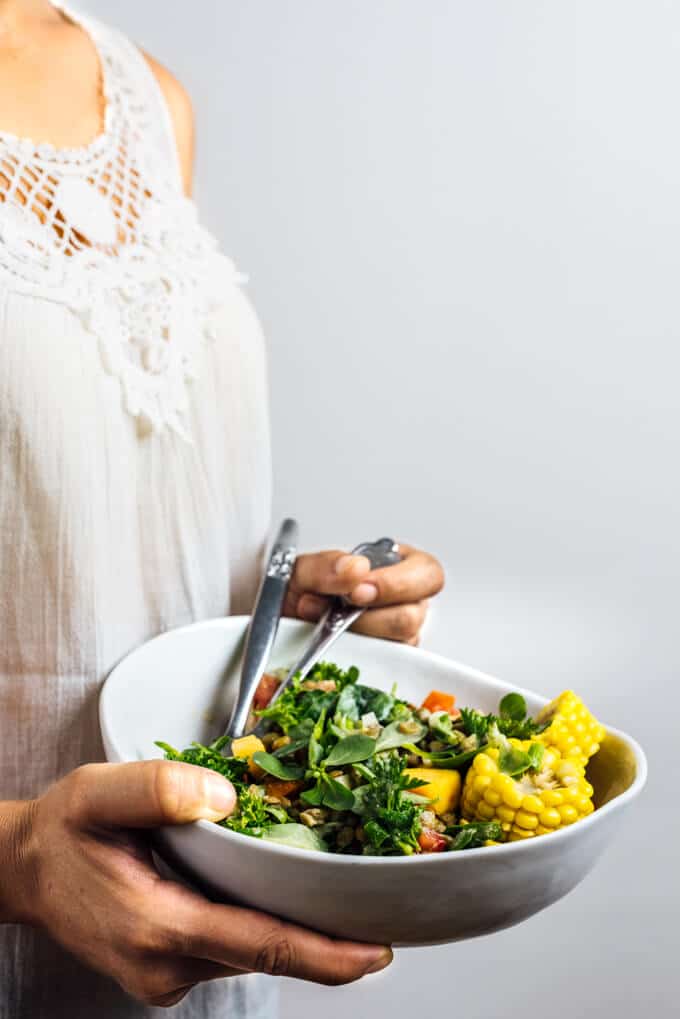 Cold Lentil Salad with Peaches is a refreshing and nutrition-packed summer meal. Tangy tahini dressing makes all the difference.