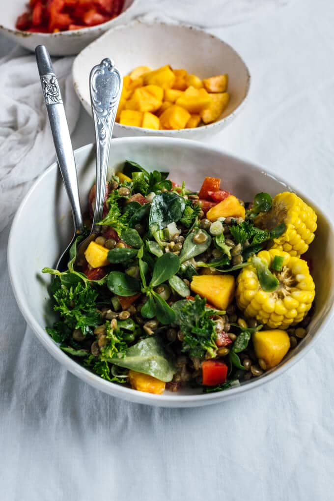 Cold Lentil Salad with Peaches is a refreshing and nutrition-packed summer meal. Tangy tahini dressing makes all the difference.
