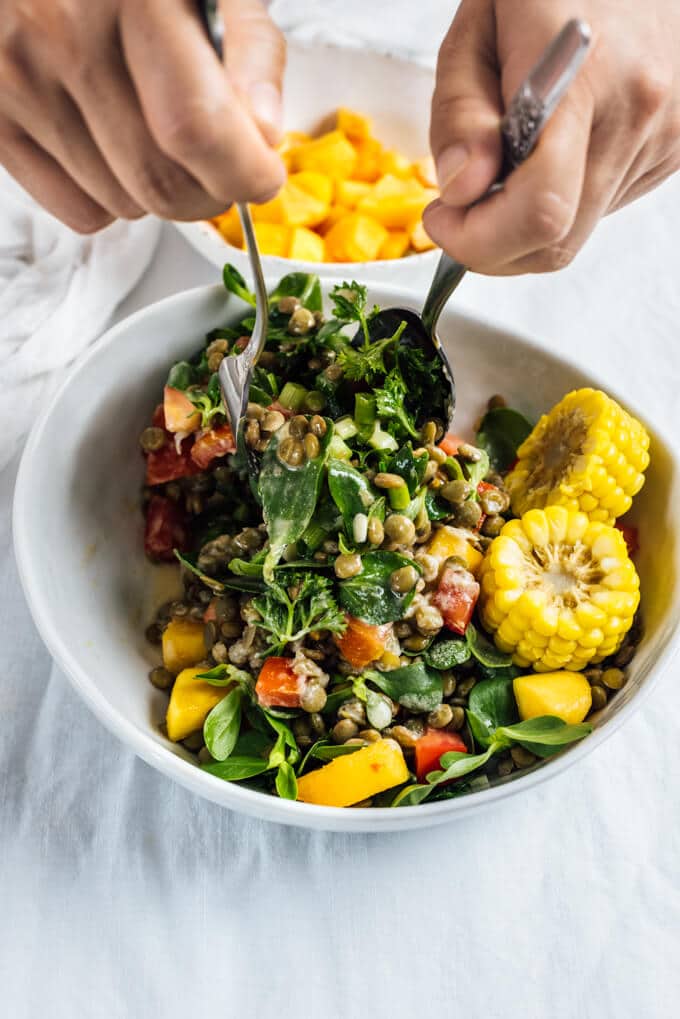 Cold Lentil Salad with Peaches is a refreshing and nutrition-packed summer meal. Tangy tahini dressing makes all the difference.