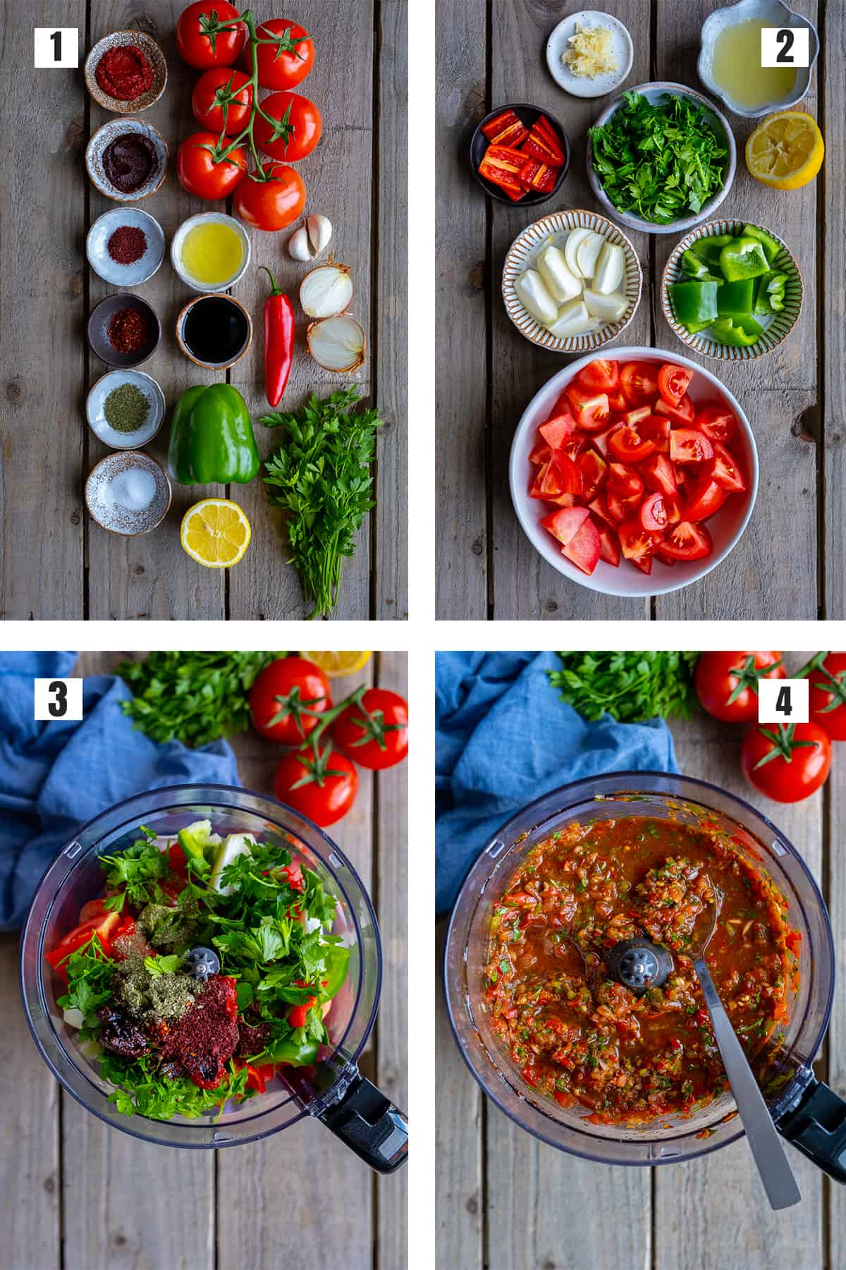 A collage of four pictures showing the ingredients of ezme dip, chopped vegetables in bowls, blending them in a food processor.