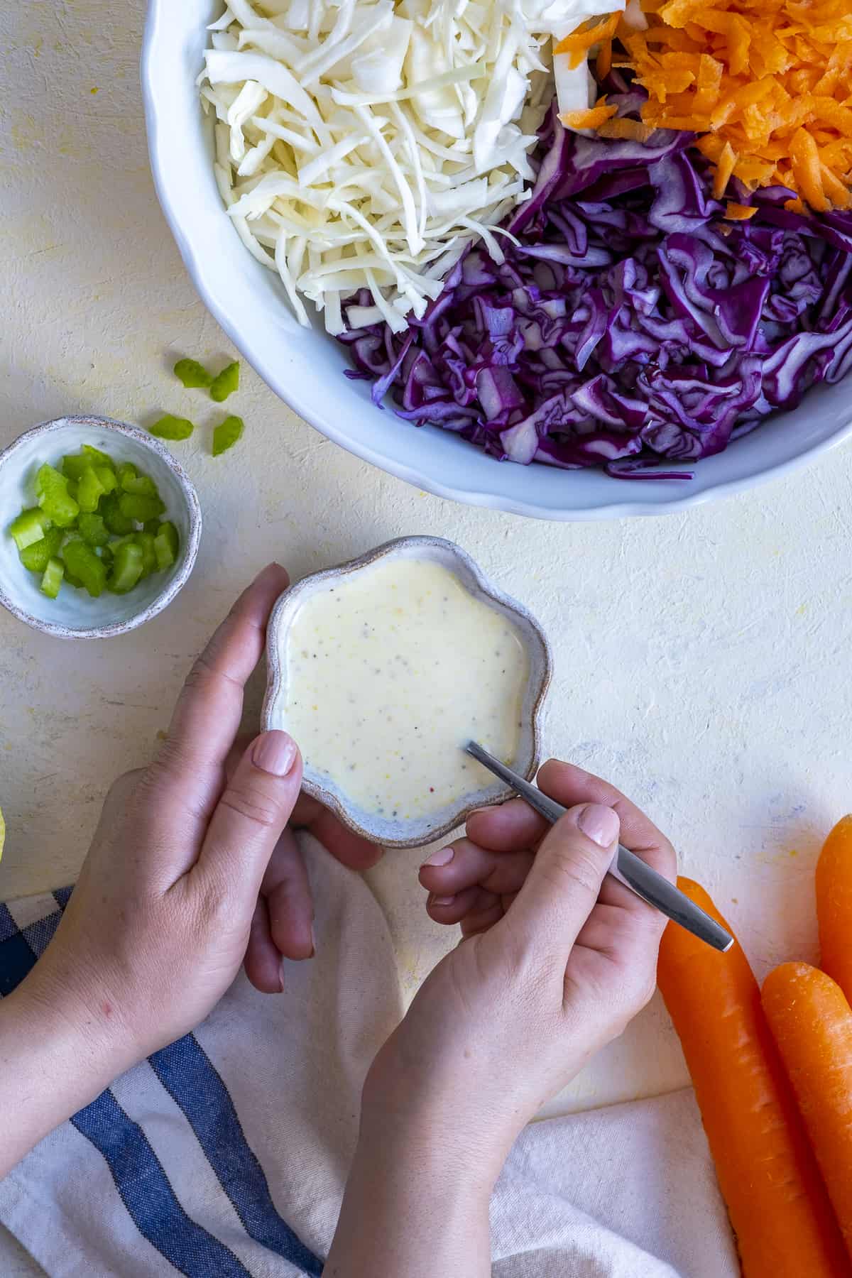 Hands mixing yogurt coleslaw dressing and coleslaw mixture in a bowl on the side.