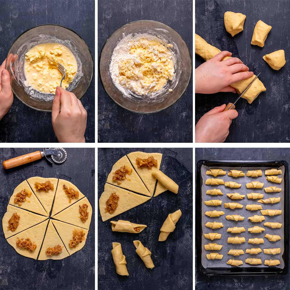 A collage of pictures showing how to shape Turkish apple filled cookies.