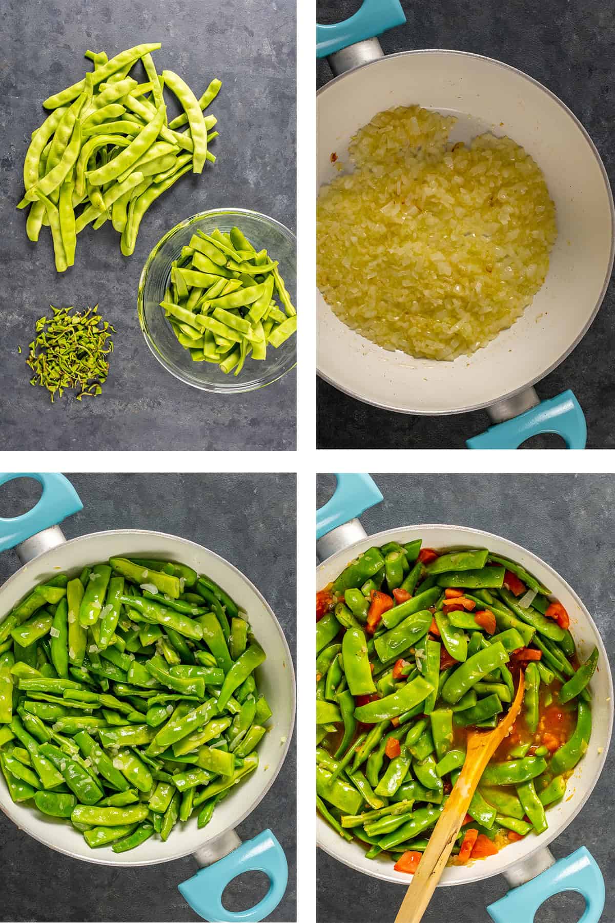 Step-by-step images showing how to make Turkish green beans with olive oil, from prepping the beans to cooking them with onions and tomatoes.