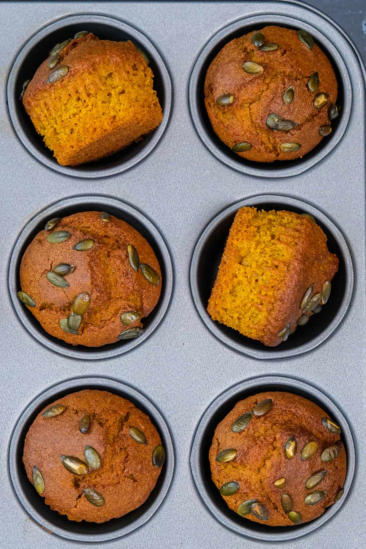 Pumpkin muffins topped with pumpkin seeds in a grey muffin tin after baked.