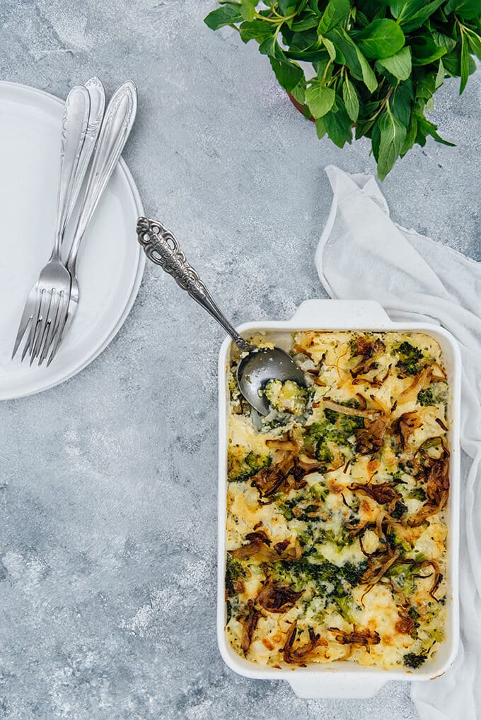 Broccoli Cauliflower bake photographed in an oven pan.