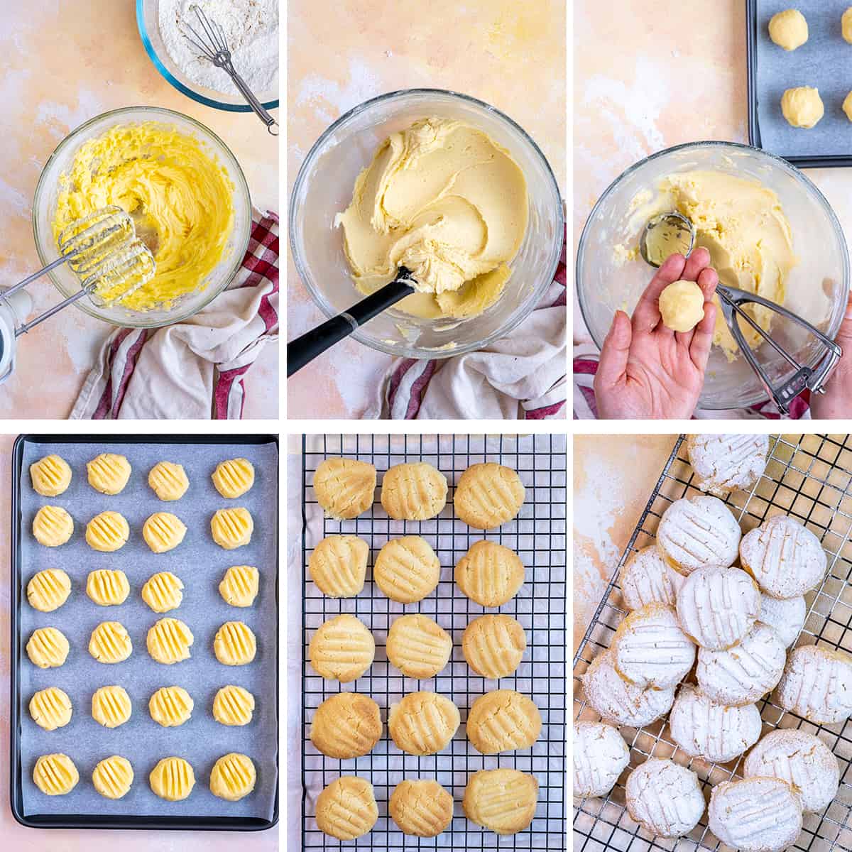 A collage of pictures showing how to make melting moments cookies.