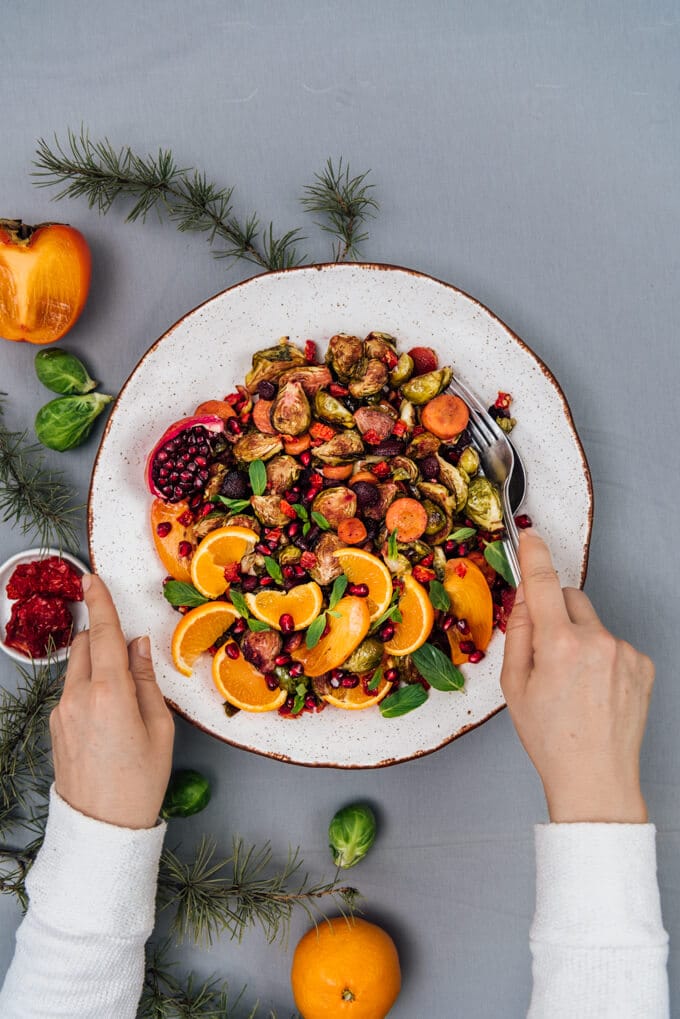 Balsamic roasted brussels sprouts salad can easily become the star of a holiday dinner table.