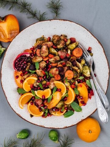 Balsamic roasted brussels sprouts salad can easily become the star of a holiday dinner table.