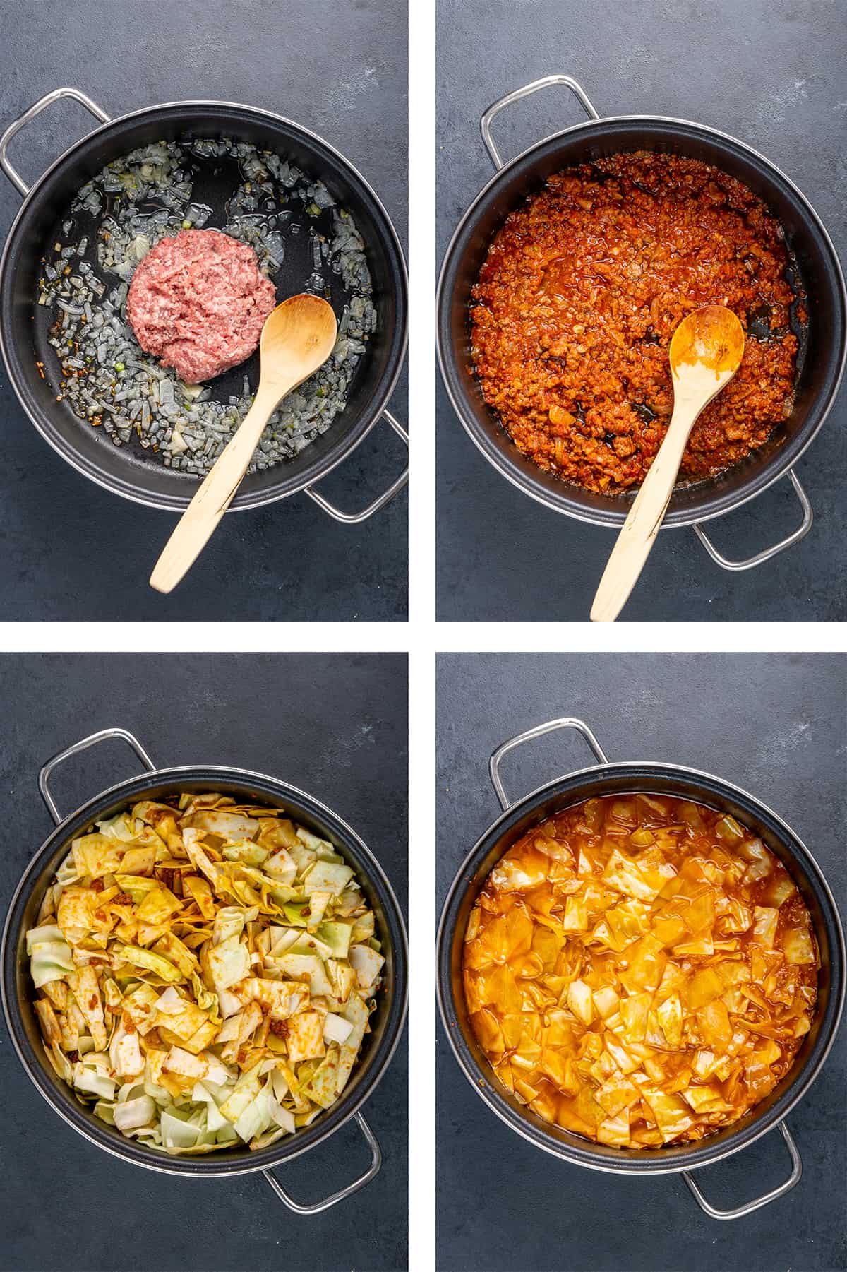 A collage of four pictures showing how to make kapuska in a large pan.