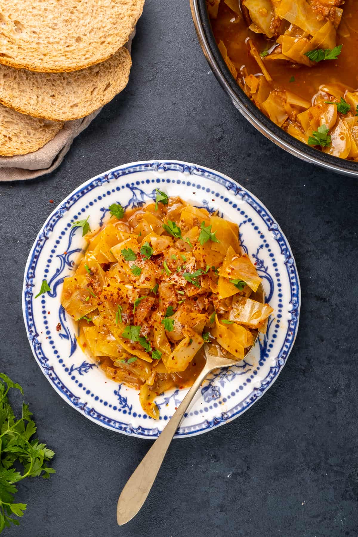 Cabbage stew in a vintage bowl, a spoon inside and bread slices and parsley on the side.