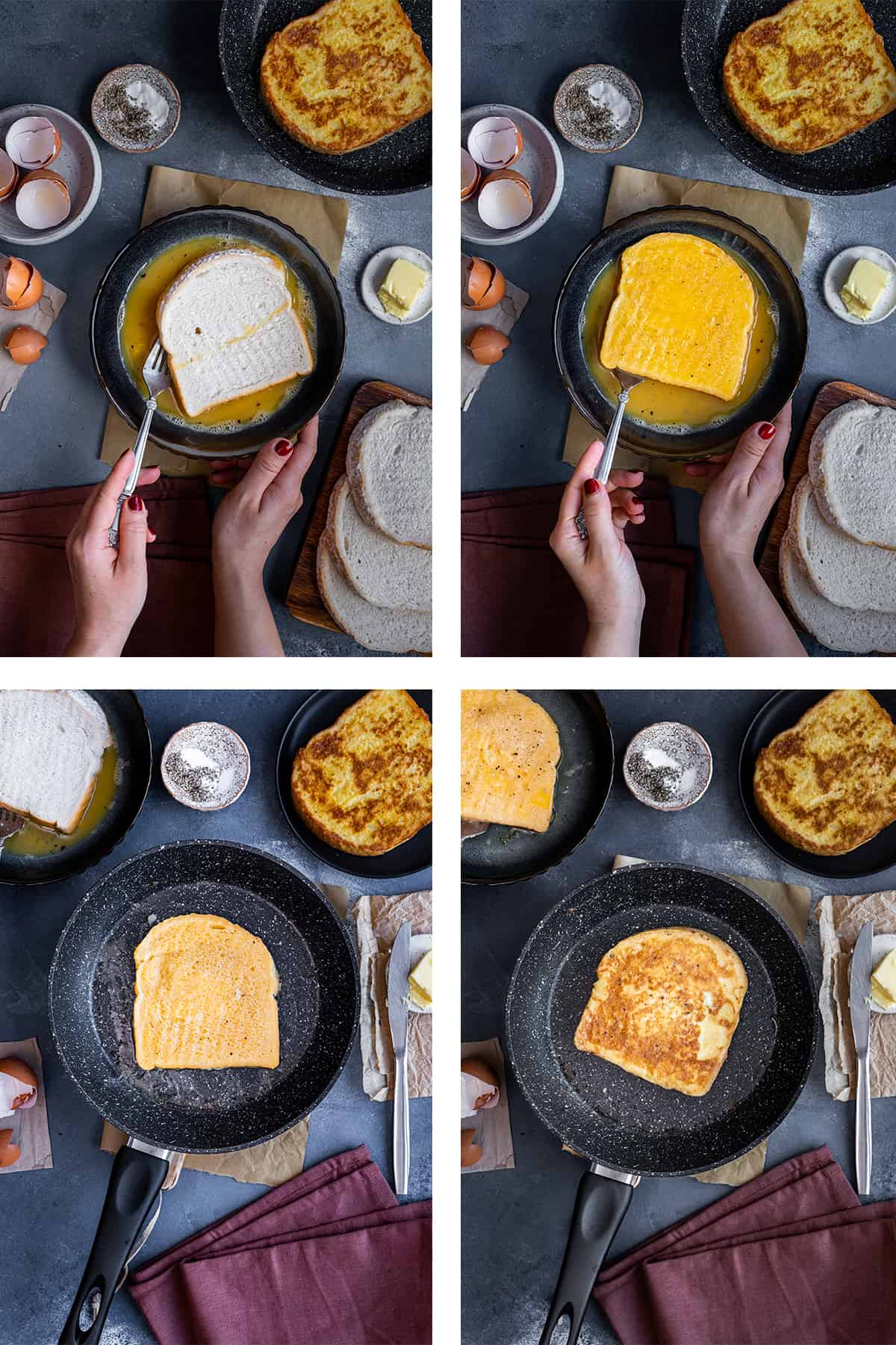 A collage of four pictures showing how to soak bread slices in the egg mixture and how to fry it in a non-stick pan.