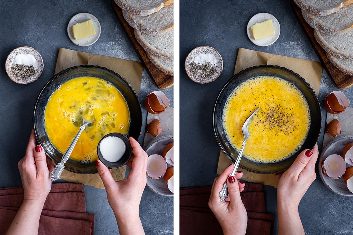 A collage of two pictures showing how to make the egg mixture for eggy bread.