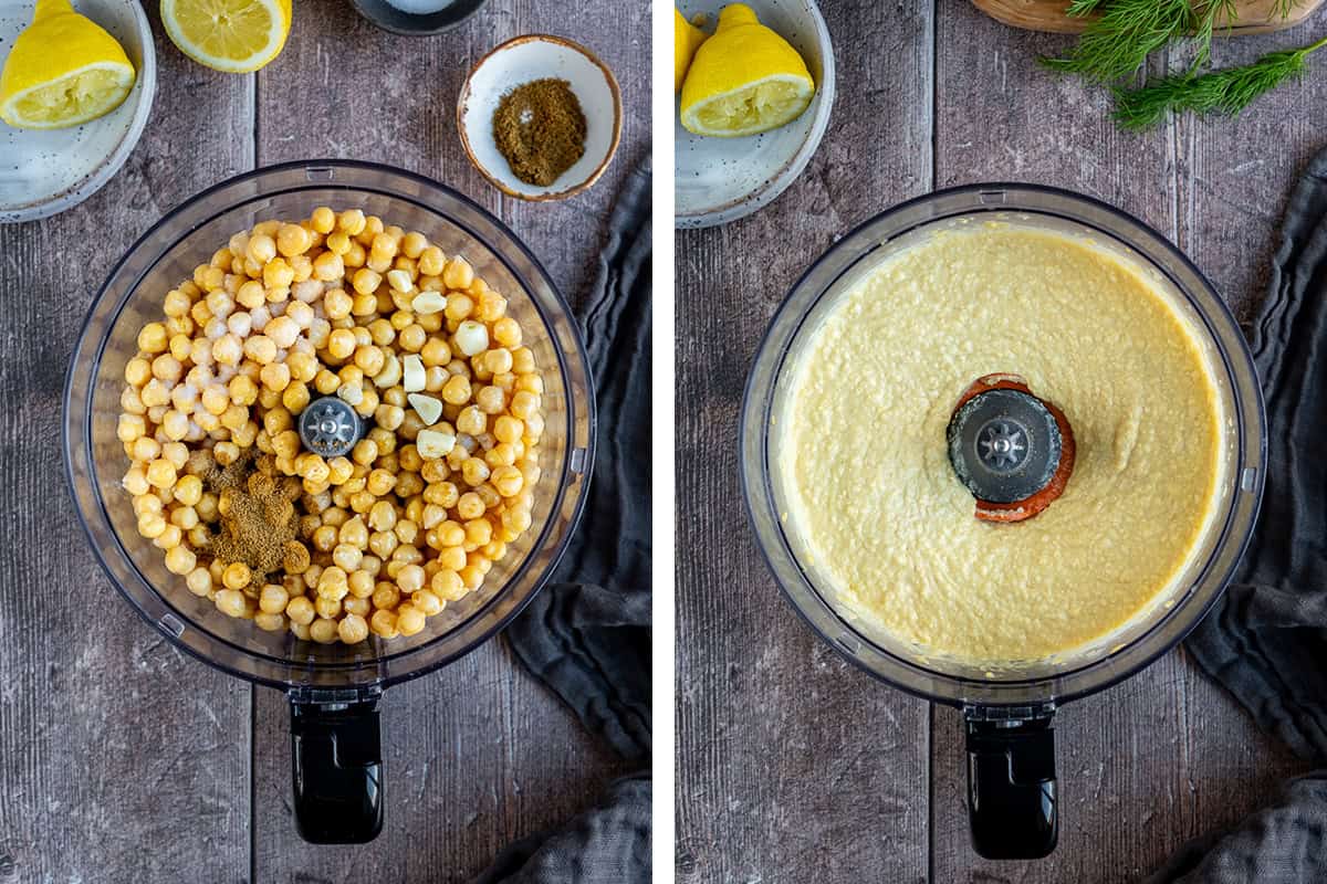 A collage of two pictures showing hummus ingredients in a food processor before and after being blended.