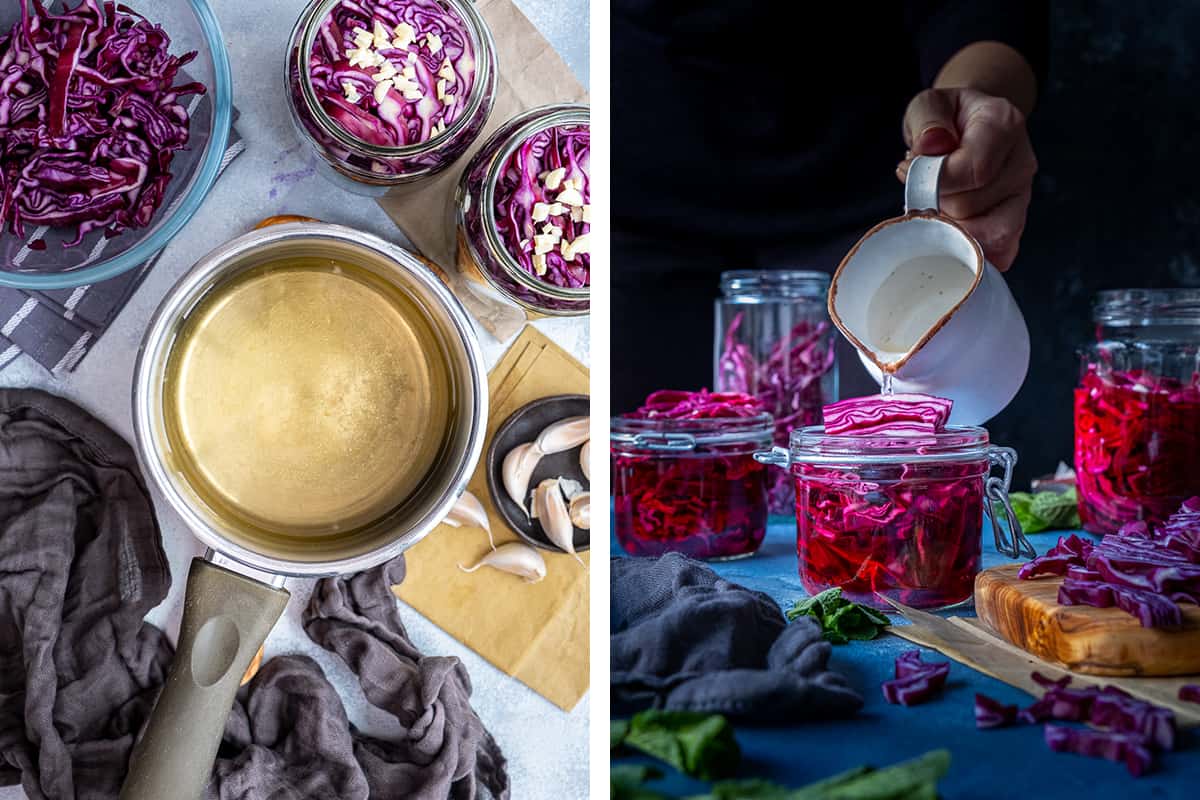 A collage of two pictures showing how to make the pickle brine and how to pickle cabbage.