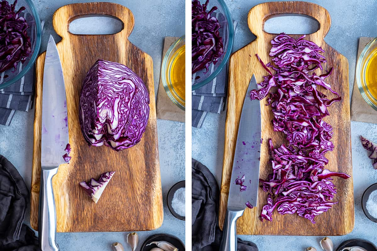 A collage of two pictures showing how to remove the core of the cabbage and then cut it finely.