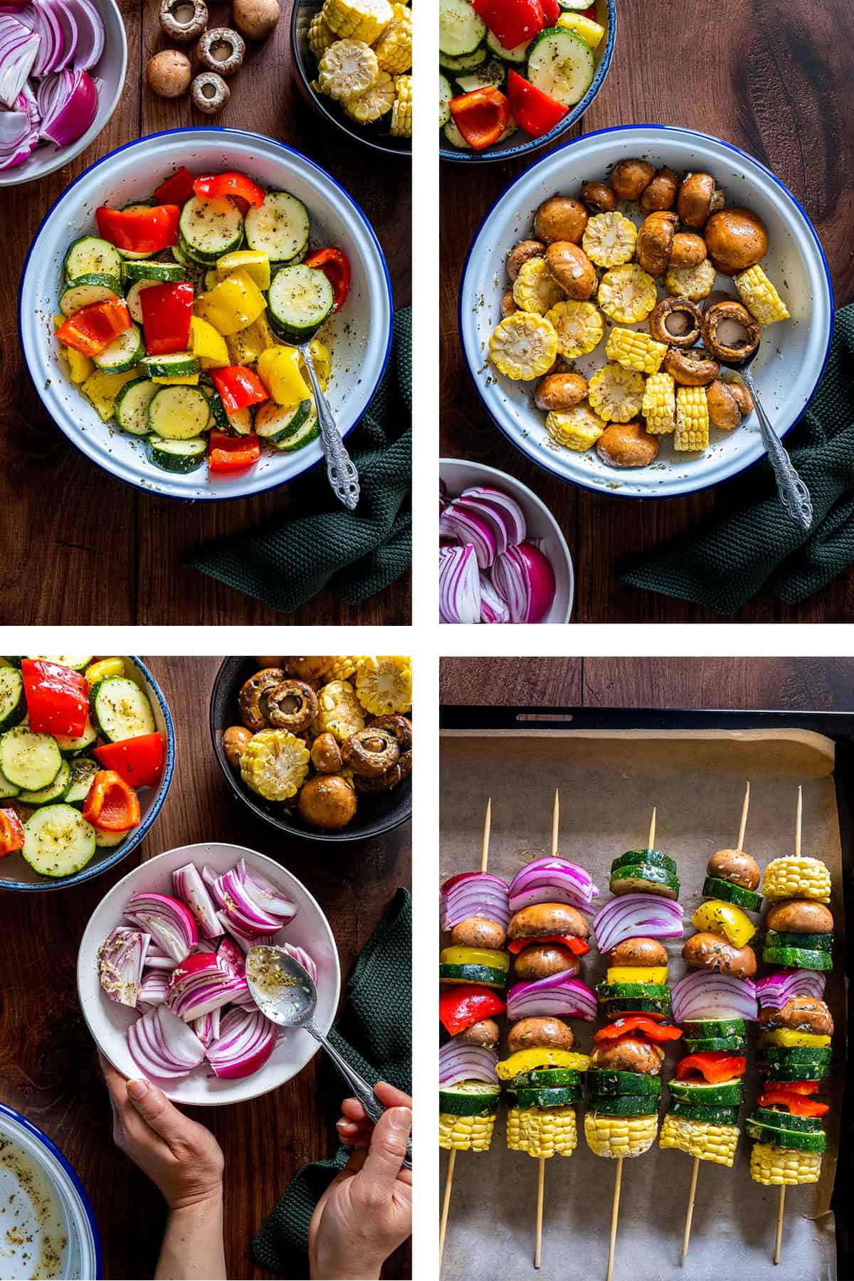 Step-by-step preparation of vegetable kabobs in oven, showing marinated vegetables, skewering process, and assembled kabobs on a baking sheet.