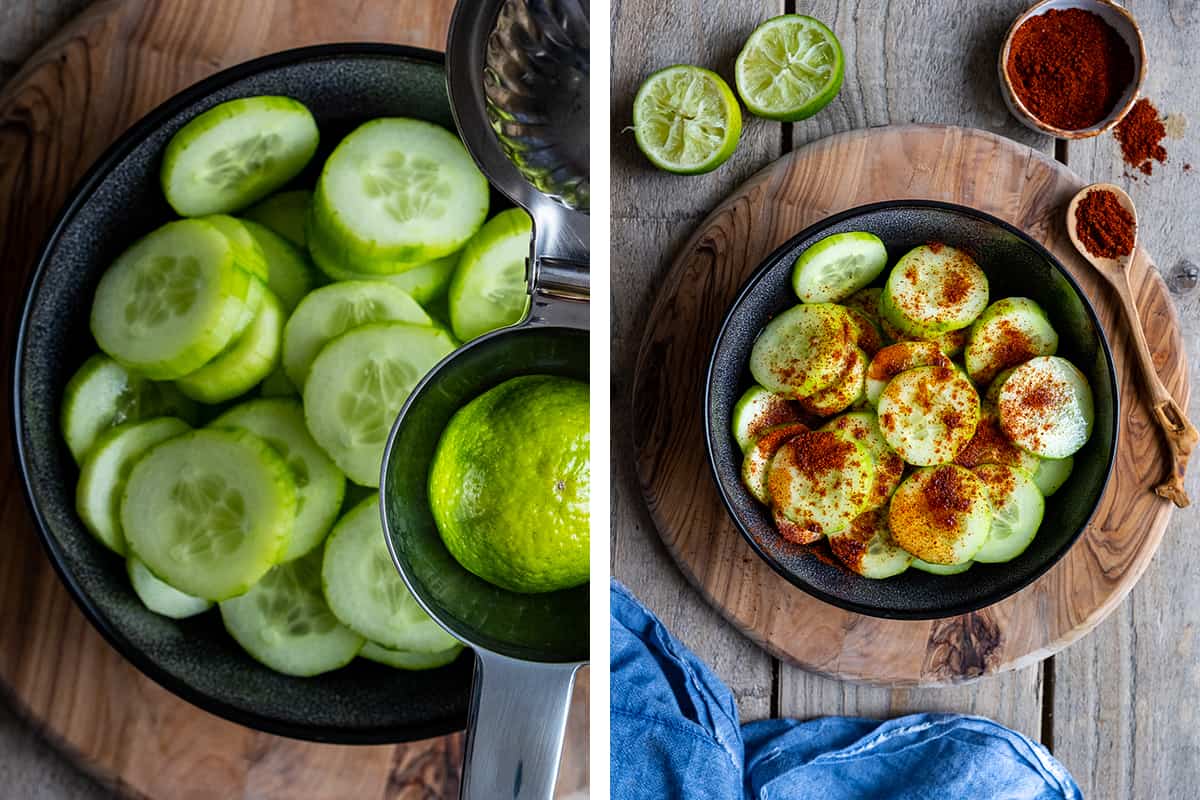 A collage of two pictures showing lime being squeezed on cucumber slices and chili powder sprinkled on them.