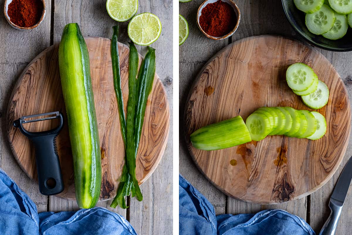 A collage of two pictures showing how to peel a cucumber and how to slice it in rounds.