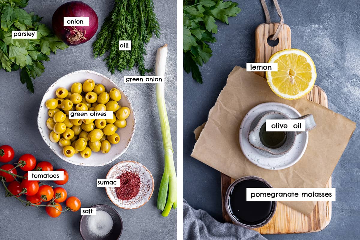 A collage of two pictures showing the ingredients for olive salad and the ingredients for the dressing.