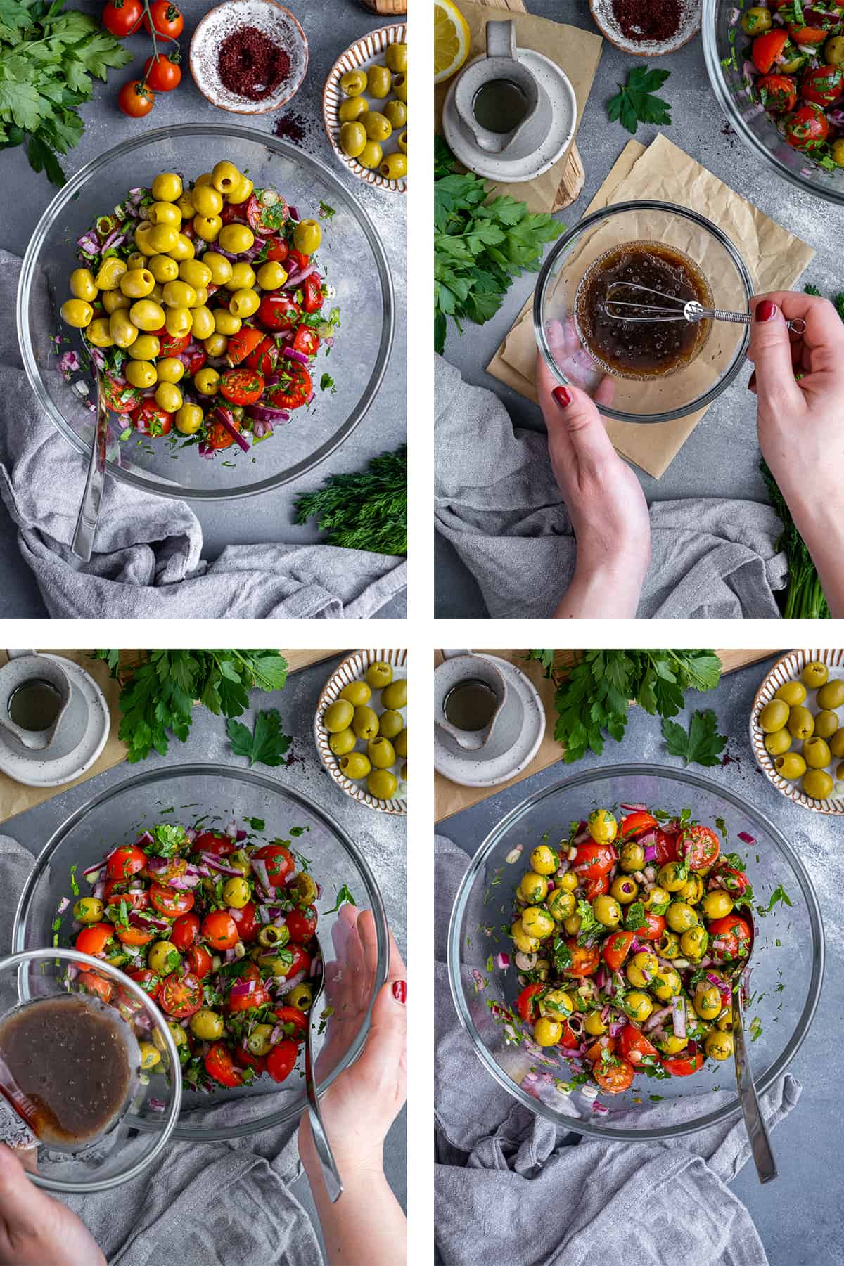 A collage of four pictures showing how to combine the salad ingredients with the dressing.