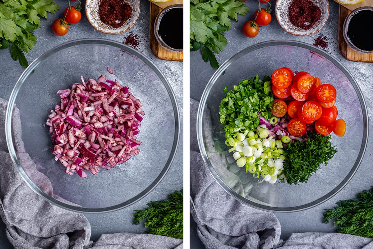A collage of two pictures showing how to prepare onions and how to combine it with the other ingredients.