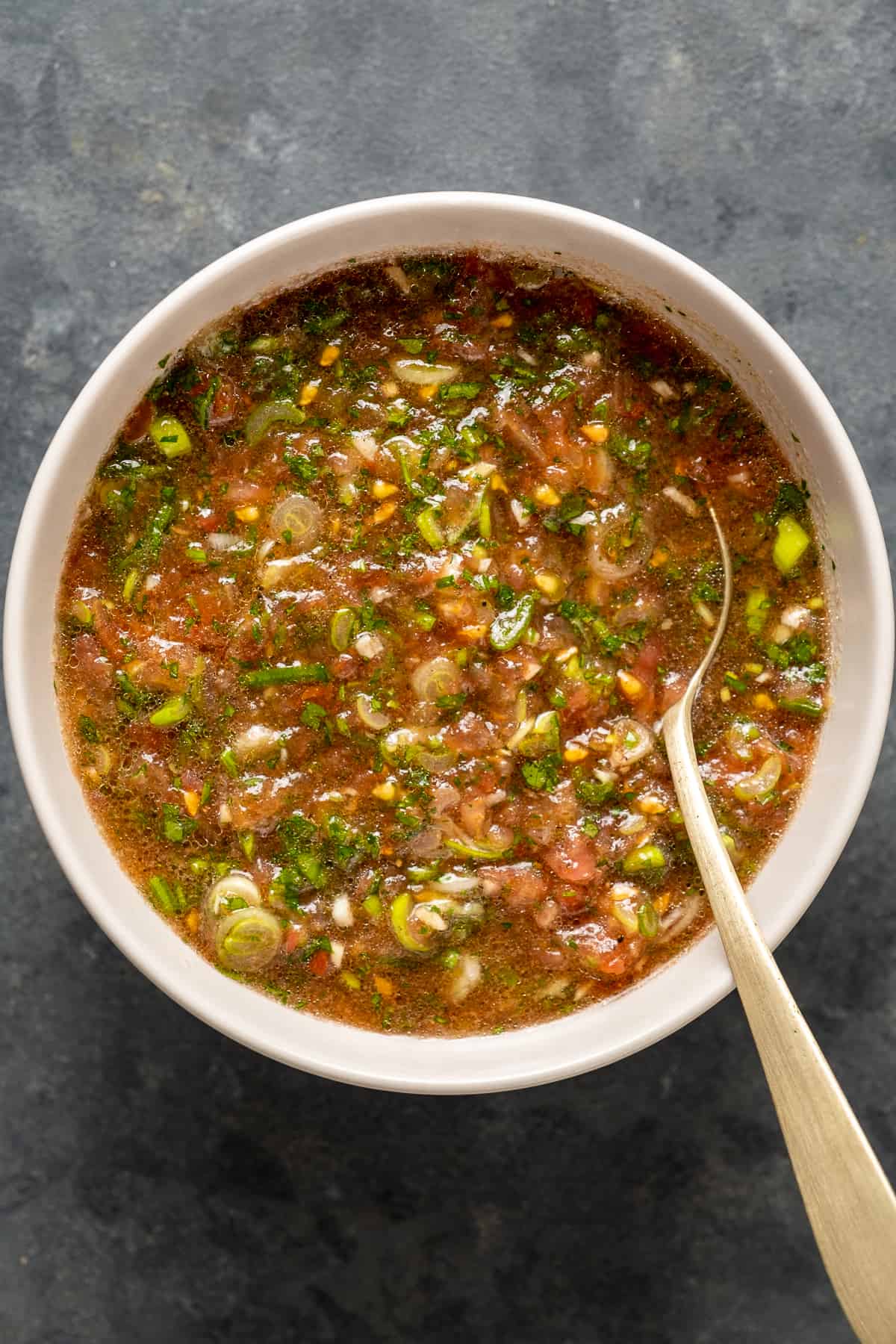 Mixture of pureed tomato, garlic, vinegar, spices, and herbs in a white bowl and a spoon in it.