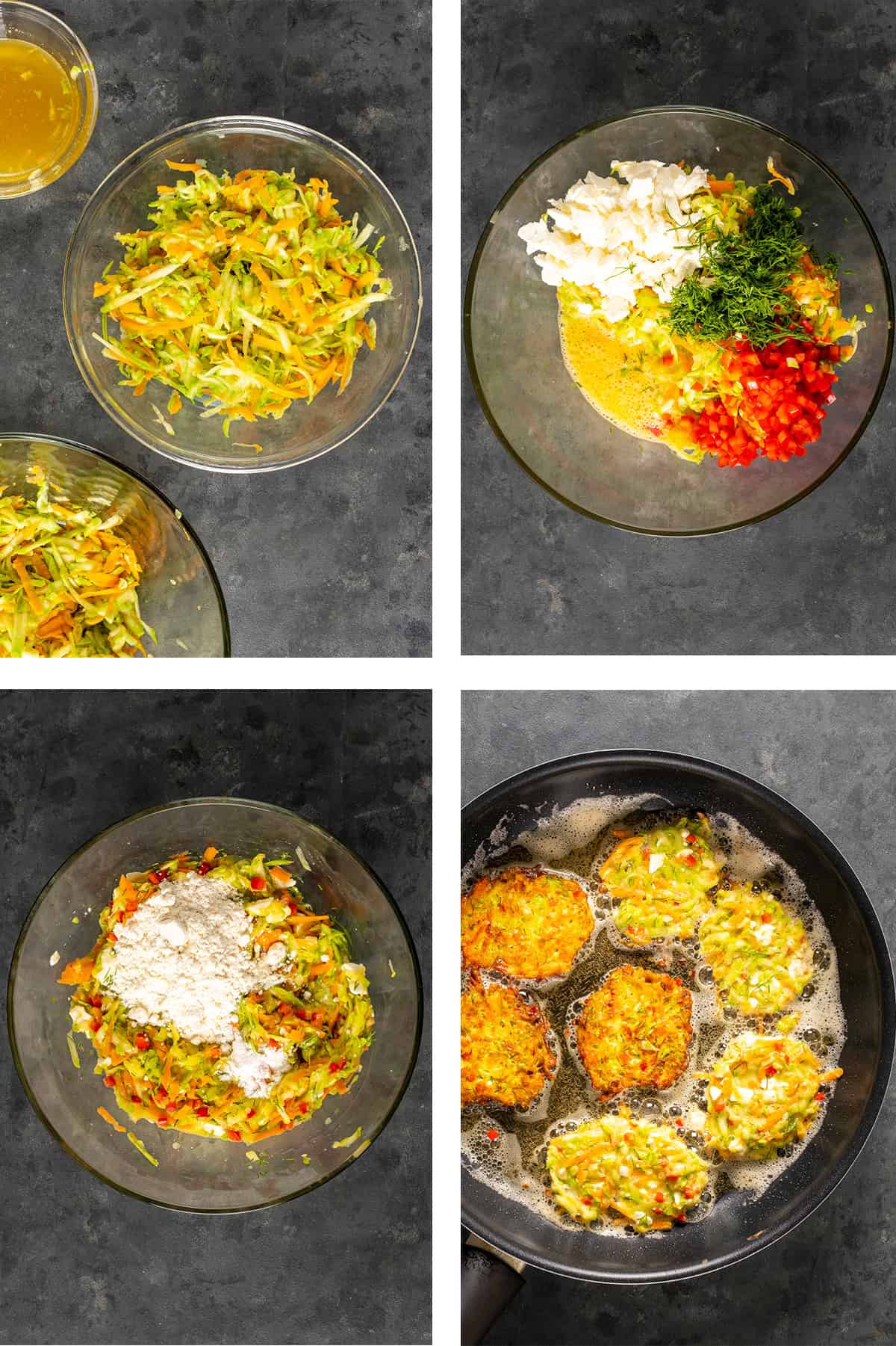 A collage of four pictures showing the steps of making Turkish mucver.